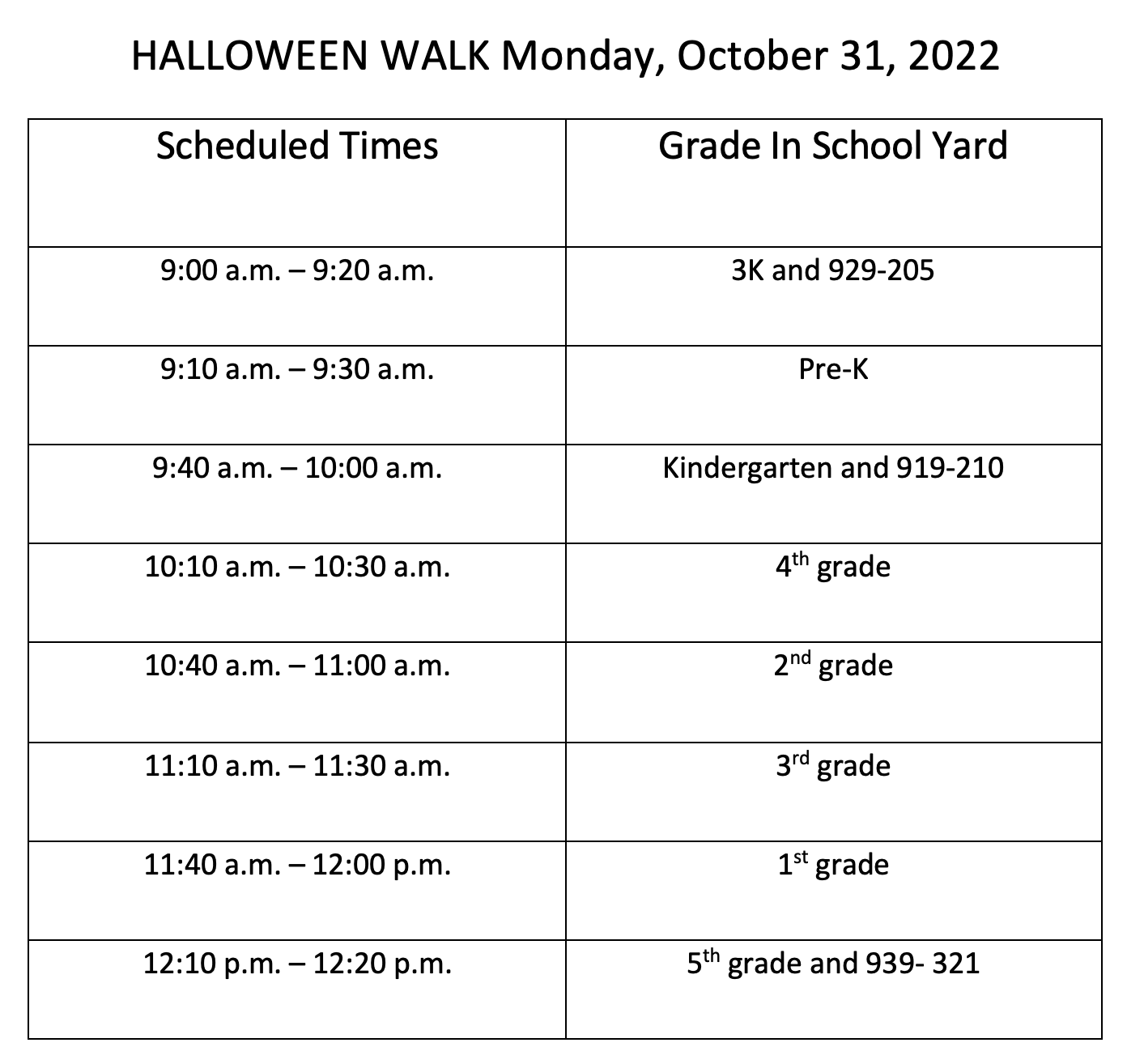 Halloween Walk Schedule